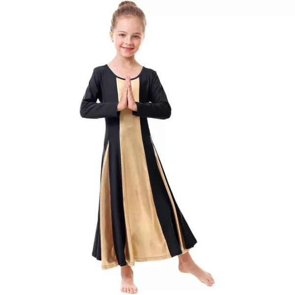 OwlFay Praise Dance Dress for Girl Liturgical Metallic Gold Full Length Long Gown Ruffle Tunic Circle Skirt Worship DancewearBlack  Gold