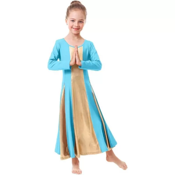 OwlFay Praise Dance Dress for Girl Liturgical Metallic Gold Full Length Long Gown Ruffle Tunic Circle Skirt Worship DancewearBlue  Gold