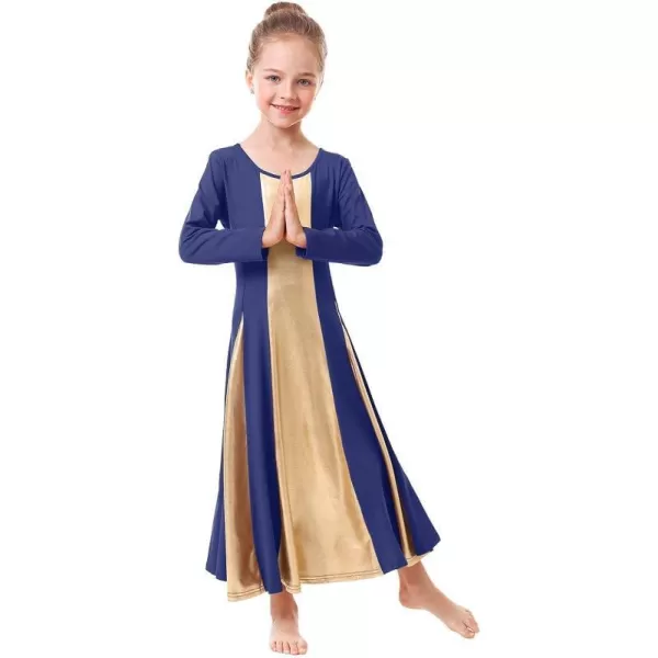 OwlFay Praise Dance Dress for Girl Liturgical Metallic Gold Full Length Long Gown Ruffle Tunic Circle Skirt Worship DancewearNavy Blue  Gold