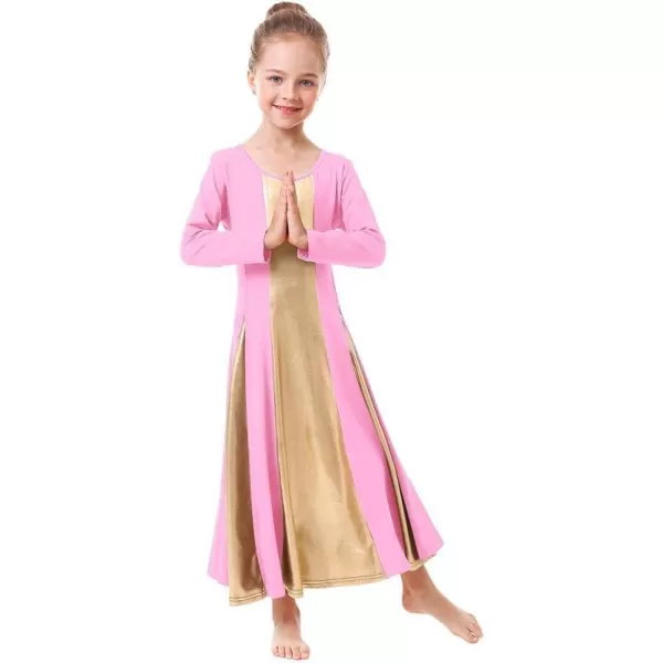 OwlFay Praise Dance Dress for Girl Liturgical Metallic Gold Full Length Long Gown Ruffle Tunic Circle Skirt Worship DancewearPink  Gold