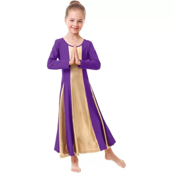 OwlFay Praise Dance Dress for Girl Liturgical Metallic Gold Full Length Long Gown Ruffle Tunic Circle Skirt Worship DancewearPurple  Gold