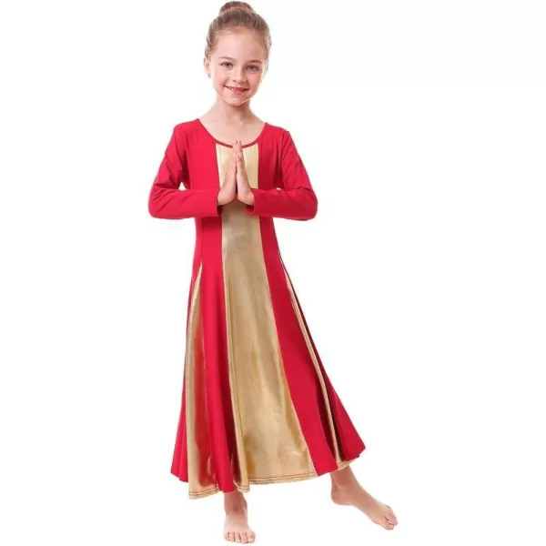 OwlFay Praise Dance Dress for Girl Liturgical Metallic Gold Full Length Long Gown Ruffle Tunic Circle Skirt Worship DancewearRed  Gold