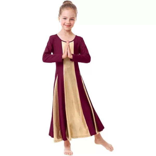 OwlFay Praise Dance Dress for Girl Liturgical Metallic Gold Full Length Long Gown Ruffle Tunic Circle Skirt Worship DancewearWine Red  Gold