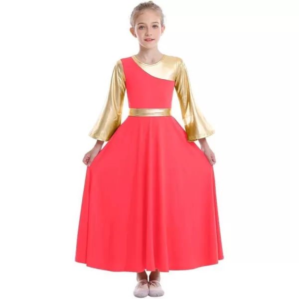 OwlFay Praise Dance Dresses for Girls Gold Metallic Color Block Liturgical Worship Dancewear Celebration of Spirit PraisewearFluorescent Orange  Gold