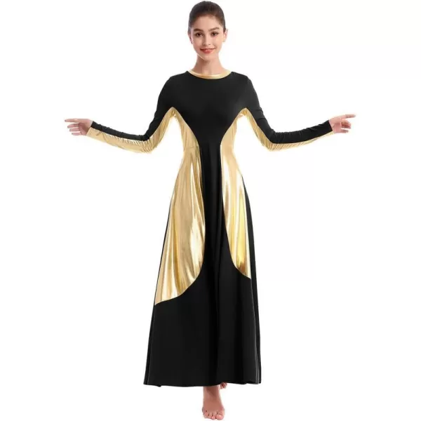 OwlFay Women Metallic Long Sleeve Praise Dance Dress Full Length Loose Fit Swing Gown Liturgical Tunic Skirt Worship CostumeBlack