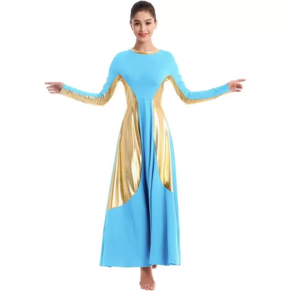 OwlFay Women Metallic Long Sleeve Praise Dance Dress Full Length Loose Fit Swing Gown Liturgical Tunic Skirt Worship CostumeBlue