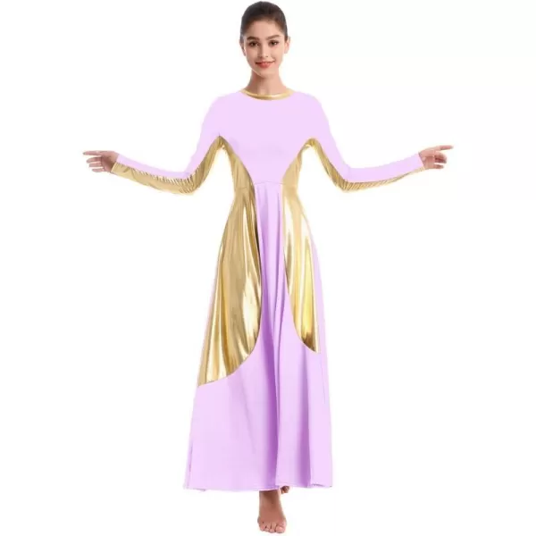 OwlFay Women Metallic Long Sleeve Praise Dance Dress Full Length Loose Fit Swing Gown Liturgical Tunic Skirt Worship CostumeLight Purple