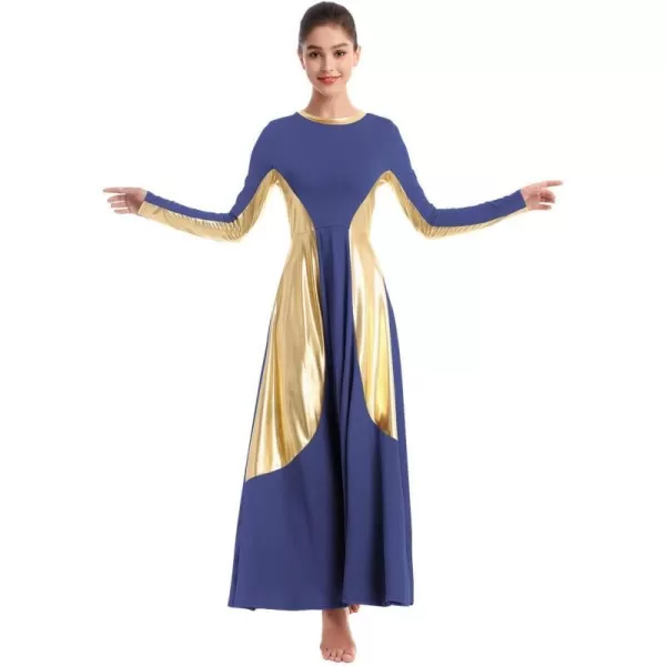 OwlFay Women Metallic Long Sleeve Praise Dance Dress Full Length Loose Fit Swing Gown Liturgical Tunic Skirt Worship CostumeNavy Blue