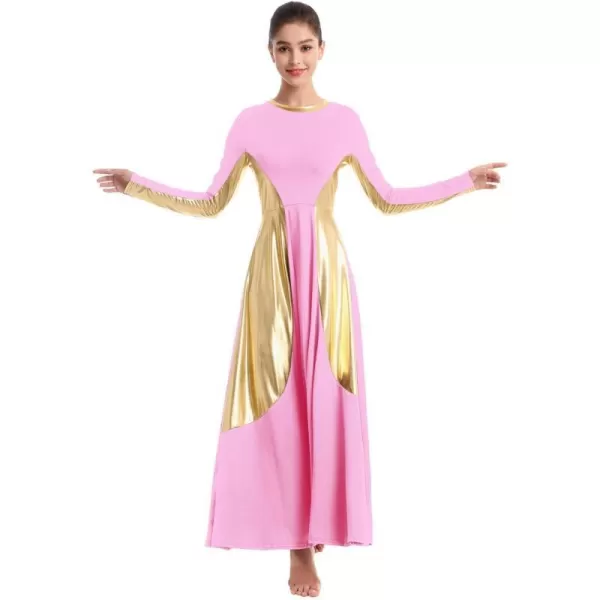 OwlFay Women Metallic Long Sleeve Praise Dance Dress Full Length Loose Fit Swing Gown Liturgical Tunic Skirt Worship CostumePink