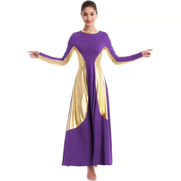 OwlFay Women Metallic Long Sleeve Praise Dance Dress Full Length Loose Fit Swing Gown Liturgical Tunic Skirt Worship CostumePurple