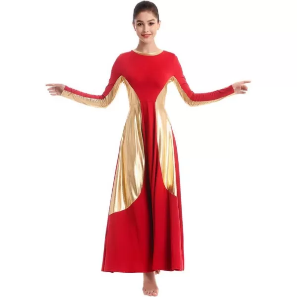 OwlFay Women Metallic Long Sleeve Praise Dance Dress Full Length Loose Fit Swing Gown Liturgical Tunic Skirt Worship CostumeRed