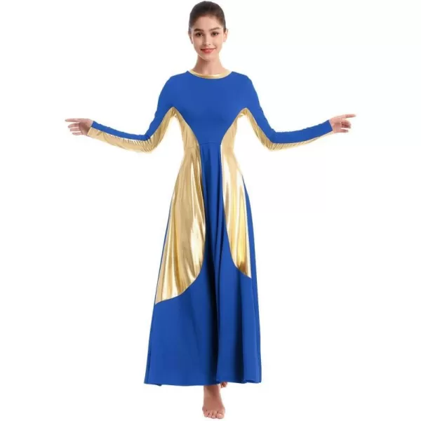 OwlFay Women Metallic Long Sleeve Praise Dance Dress Full Length Loose Fit Swing Gown Liturgical Tunic Skirt Worship CostumeRoyal Blue