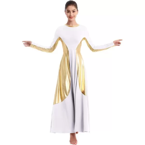 OwlFay Women Metallic Long Sleeve Praise Dance Dress Full Length Loose Fit Swing Gown Liturgical Tunic Skirt Worship CostumeWhite