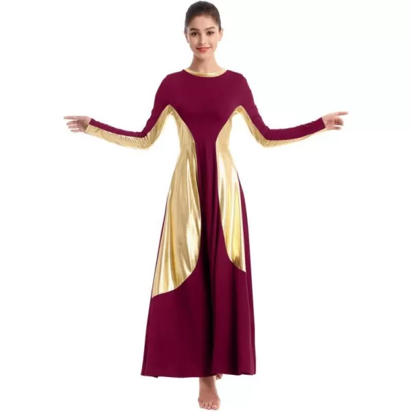 OwlFay Women Metallic Long Sleeve Praise Dance Dress Full Length Loose Fit Swing Gown Liturgical Tunic Skirt Worship CostumeWine Red