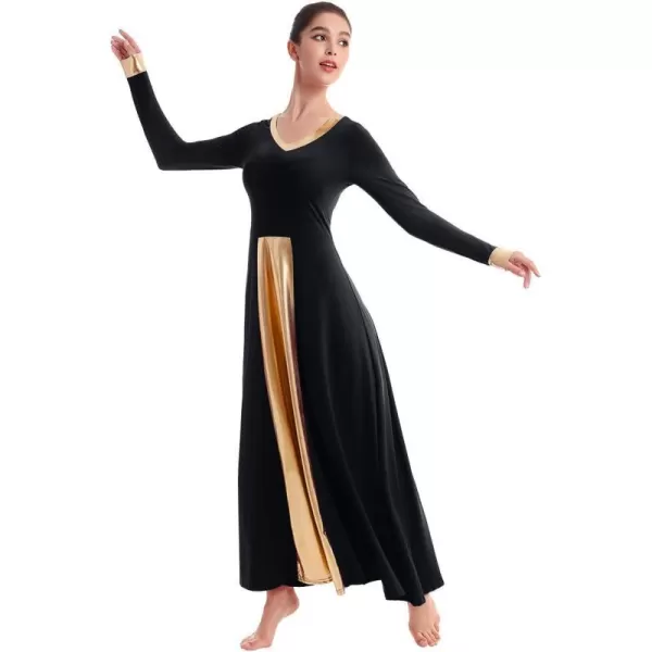 OwlFay Women Metallic VNeck Praise Dance Dresses Liturgical Loose Fit Full Length Color Block Gown Ballet Worship DancewearBlack