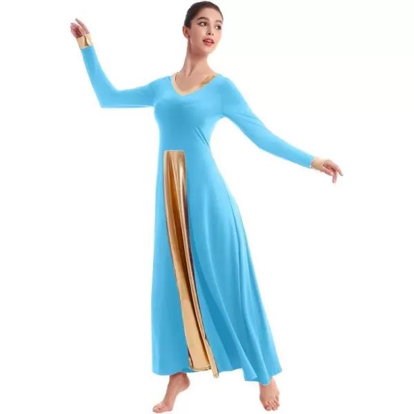 OwlFay Women Metallic VNeck Praise Dance Dresses Liturgical Loose Fit Full Length Color Block Gown Ballet Worship DancewearBlue