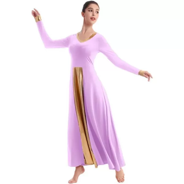 OwlFay Women Metallic VNeck Praise Dance Dresses Liturgical Loose Fit Full Length Color Block Gown Ballet Worship DancewearLight Purple