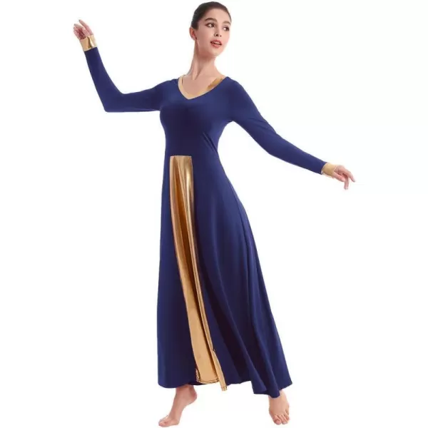 OwlFay Women Metallic VNeck Praise Dance Dresses Liturgical Loose Fit Full Length Color Block Gown Ballet Worship DancewearNavy Blue