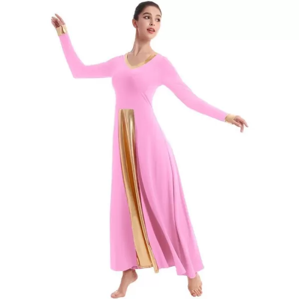 OwlFay Women Metallic VNeck Praise Dance Dresses Liturgical Loose Fit Full Length Color Block Gown Ballet Worship DancewearPink