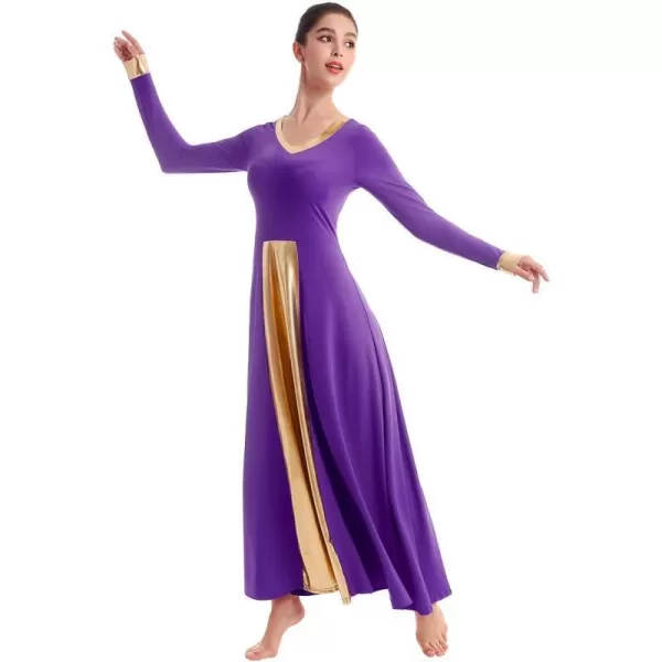 OwlFay Women Metallic VNeck Praise Dance Dresses Liturgical Loose Fit Full Length Color Block Gown Ballet Worship DancewearPurple