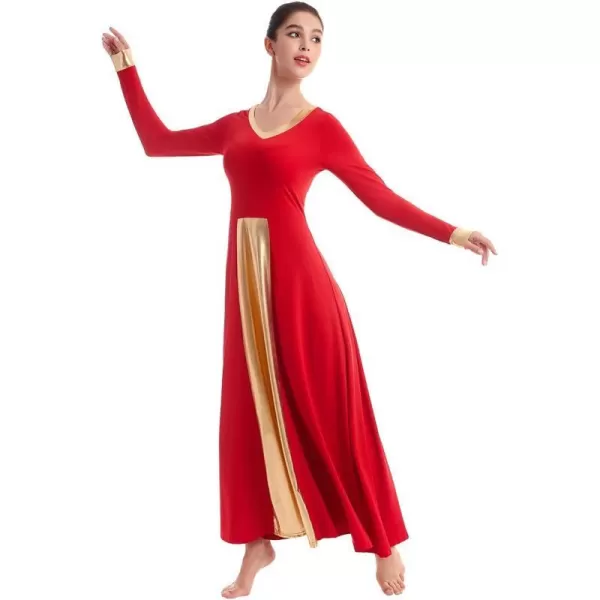 OwlFay Women Metallic VNeck Praise Dance Dresses Liturgical Loose Fit Full Length Color Block Gown Ballet Worship DancewearRed