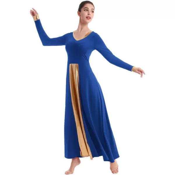 OwlFay Women Metallic VNeck Praise Dance Dresses Liturgical Loose Fit Full Length Color Block Gown Ballet Worship DancewearRoyal Blue