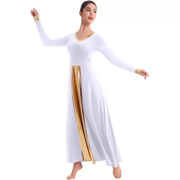 OwlFay Women Metallic VNeck Praise Dance Dresses Liturgical Loose Fit Full Length Color Block Gown Ballet Worship DancewearWhite