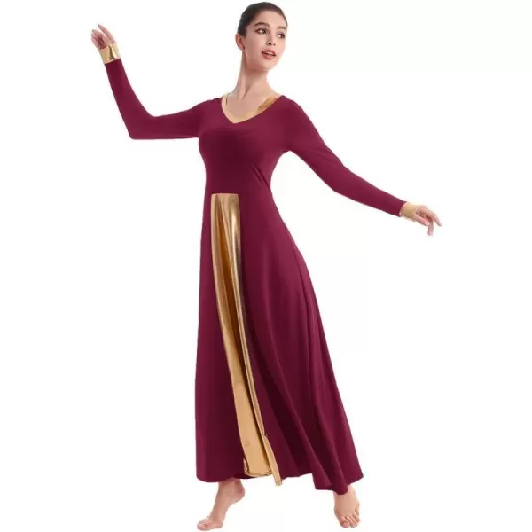 OwlFay Women Metallic VNeck Praise Dance Dresses Liturgical Loose Fit Full Length Color Block Gown Ballet Worship DancewearWine Red