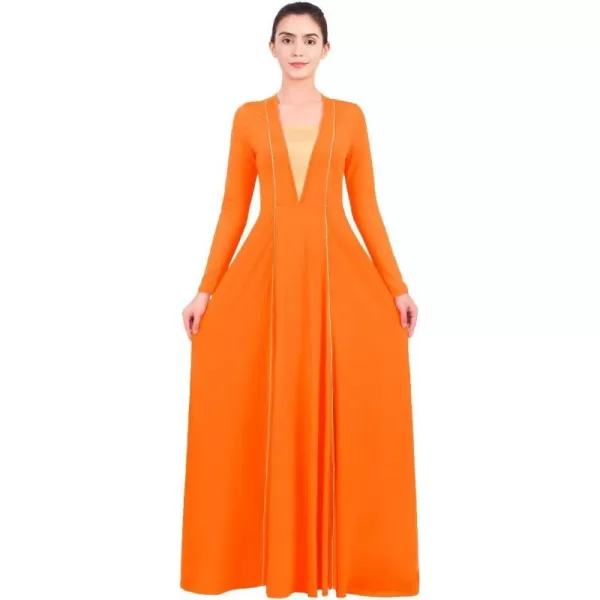 OwlFay Women Metallic VNeck Praise Loose Fit Full Length Long Sleeve Dance Dress Liturgical Church Dancewear Worship CostumeOrange