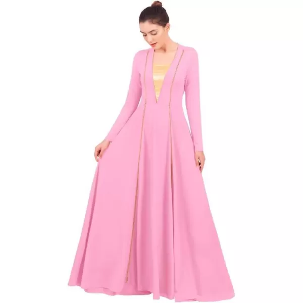 OwlFay Women Metallic VNeck Praise Loose Fit Full Length Long Sleeve Dance Dress Liturgical Church Dancewear Worship CostumePink