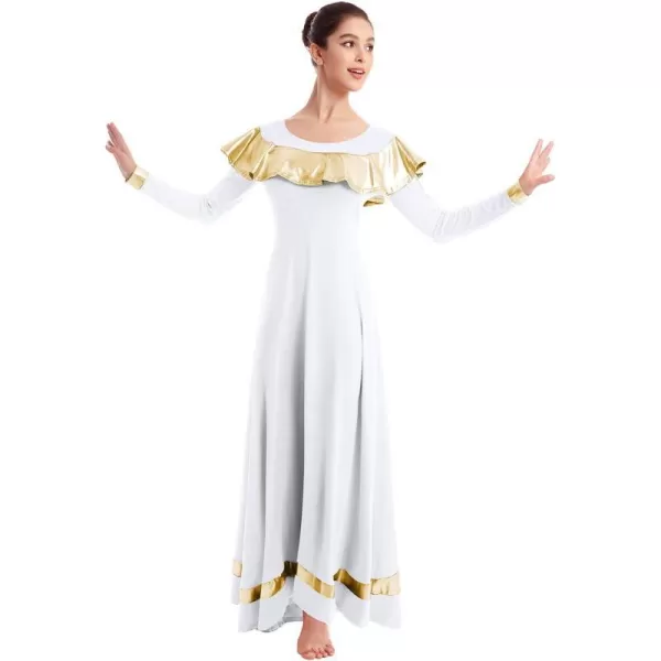 OwlFay Women Ruffle Metallic Gold Color Block Praise Dance Dresses Liturgical Lyrical Worship Tunic Skirt Dancewear CostumeOwlFay Women Ruffle Metallic Gold Color Block Praise Dance Dresses Liturgical Lyrical Worship Tunic Skirt Dancewear Costume