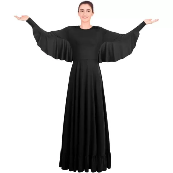 OwlFay Womens Angel Wings Liturgical Praise Dance Dress Solid Ruffle Loose Fit Full Length Church Dancewear Worship CostumeBlack