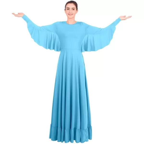 OwlFay Womens Angel Wings Liturgical Praise Dance Dress Solid Ruffle Loose Fit Full Length Church Dancewear Worship CostumeBlue