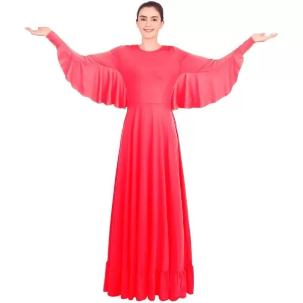 OwlFay Womens Angel Wings Liturgical Praise Dance Dress Solid Ruffle Loose Fit Full Length Church Dancewear Worship CostumeFluorescent Orange