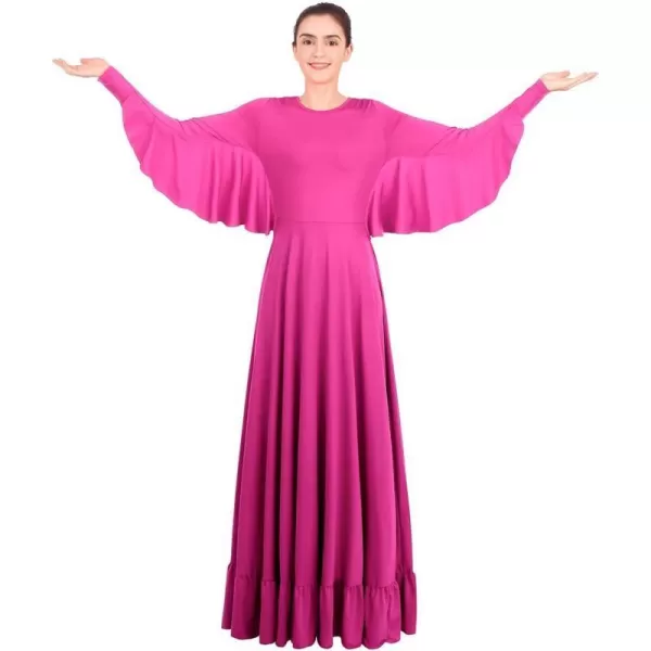 OwlFay Womens Angel Wings Liturgical Praise Dance Dress Solid Ruffle Loose Fit Full Length Church Dancewear Worship CostumeHot Pink