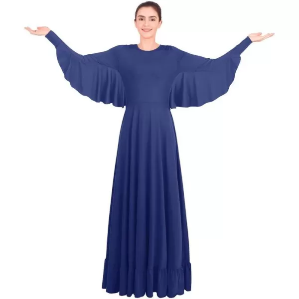 OwlFay Womens Angel Wings Liturgical Praise Dance Dress Solid Ruffle Loose Fit Full Length Church Dancewear Worship CostumeNavy Blue