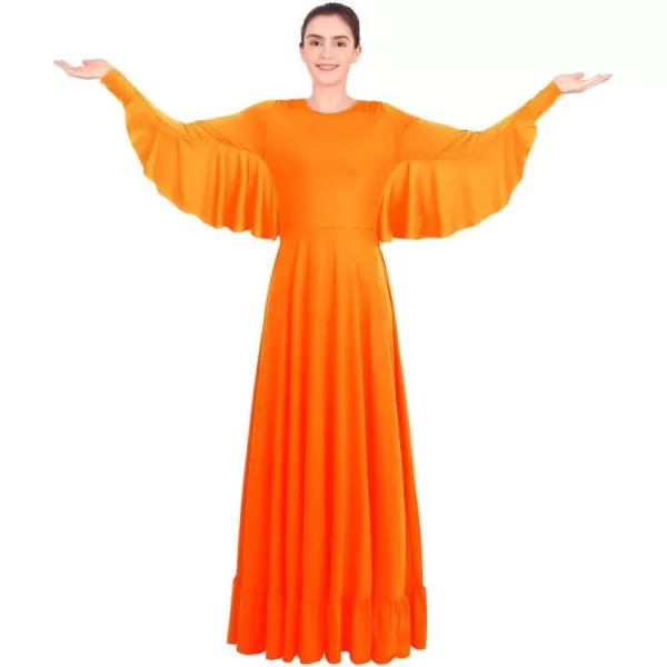 OwlFay Womens Angel Wings Liturgical Praise Dance Dress Solid Ruffle Loose Fit Full Length Church Dancewear Worship CostumeOrange