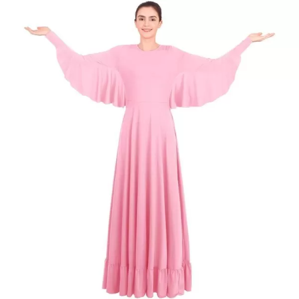 OwlFay Womens Angel Wings Liturgical Praise Dance Dress Solid Ruffle Loose Fit Full Length Church Dancewear Worship CostumePink