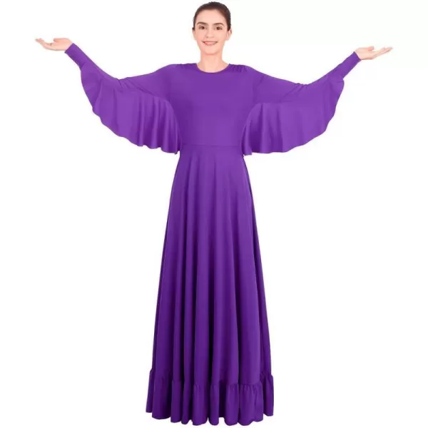 OwlFay Womens Angel Wings Liturgical Praise Dance Dress Solid Ruffle Loose Fit Full Length Church Dancewear Worship CostumePurple