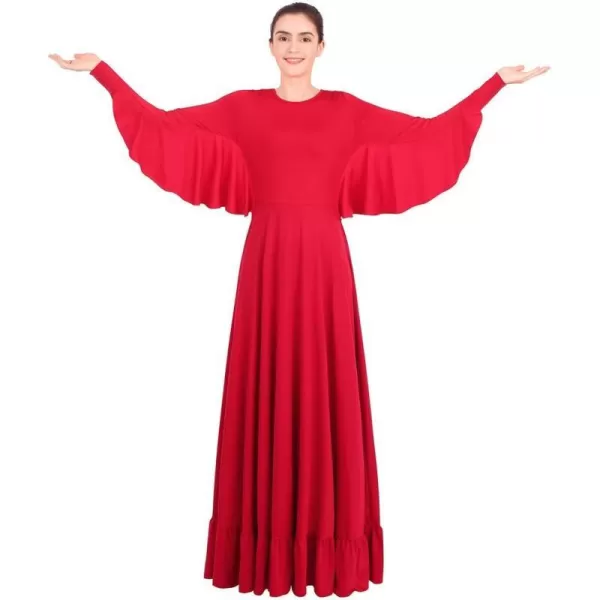 OwlFay Womens Angel Wings Liturgical Praise Dance Dress Solid Ruffle Loose Fit Full Length Church Dancewear Worship CostumeRed