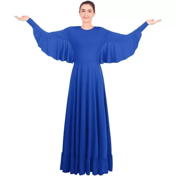 OwlFay Womens Angel Wings Liturgical Praise Dance Dress Solid Ruffle Loose Fit Full Length Church Dancewear Worship CostumeRoyal Blue