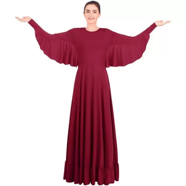 OwlFay Womens Angel Wings Liturgical Praise Dance Dress Solid Ruffle Loose Fit Full Length Church Dancewear Worship CostumeWine Red