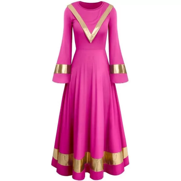 OwlFay Womens Metallic Gold Liturgical Praise Dance Dress Ruffle Bell Sleeve Loose Fit Full Length Dancewear Worship CostumeHot Pink