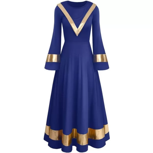 OwlFay Womens Metallic Gold Liturgical Praise Dance Dress Ruffle Bell Sleeve Loose Fit Full Length Dancewear Worship CostumeNavy Blue