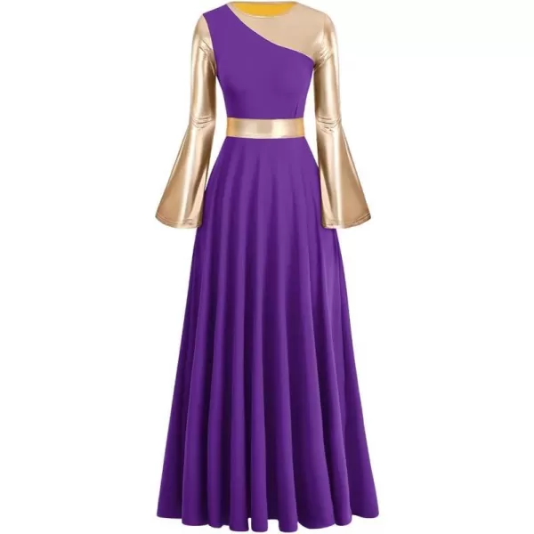 OwlFay Womens Praise Dance Dress Metallic Color Block Liturgical Church Dancewear Lyrical Skirt Worship Costume WaistbandPurple  Gold