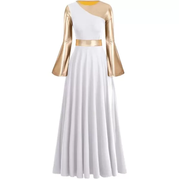 OwlFay Womens Praise Dance Dress Metallic Color Block Liturgical Church Dancewear Lyrical Skirt Worship Costume WaistbandWhite  Gold