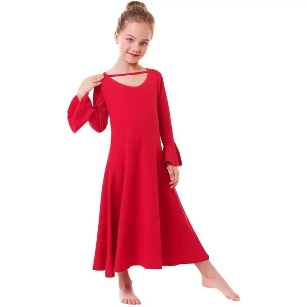 Praise Dance Dress for Girls Kid Solid Bell Long Sleeve Liturgical Loose Fit Full Length Worship Skirt Church DancewearRed