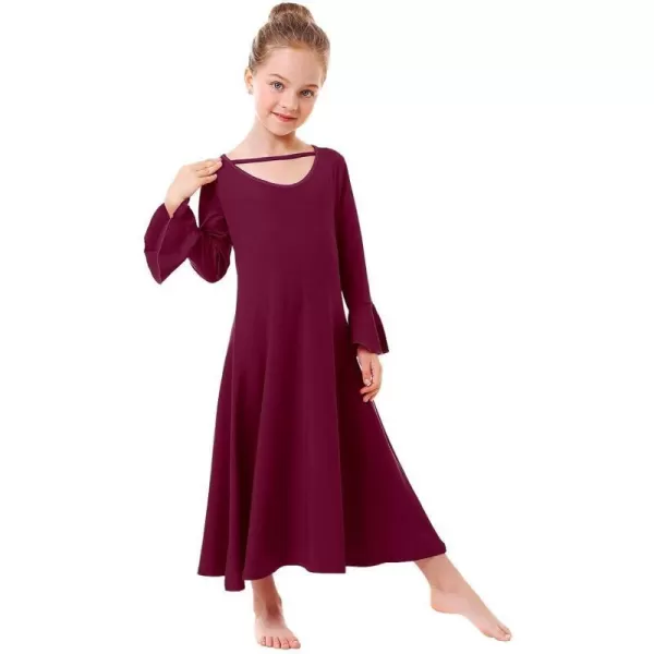 Praise Dance Dress for Girls Kid Solid Bell Long Sleeve Liturgical Loose Fit Full Length Worship Skirt Church DancewearWine Red