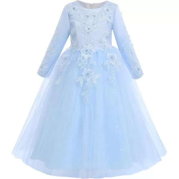 Sequins Flower Girls Lace Dress for Kids Wedding Bridesmaid Pageant Party Maxi Gown Irregular Puffy Tulle Dresses 314YBlue  Long Sleeve