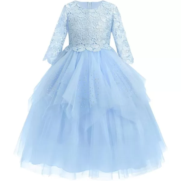 Sequins Flower Girls Lace Dress for Kids Wedding Bridesmaid Pageant Party Maxi Gown Irregular Puffy Tulle Dresses 314YBlue